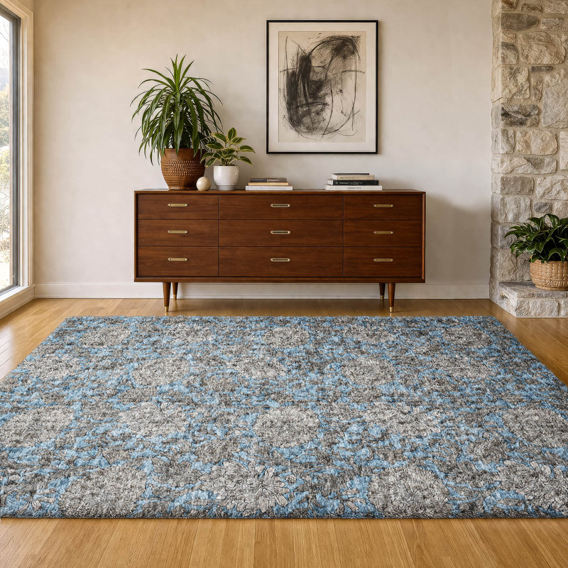 Tapis à poil long de qualité supérieure lavable à la machine ADS677, Bleu, 10 pi x 14 pi