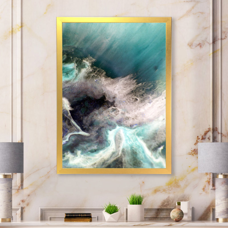 Turquoise liquide Art II - art mural moderne sur toile, H 20 po x l 12 po x P 1 po, Toile encadrée dorée