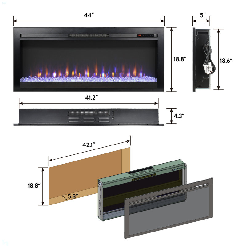 Foyer électrique encastré mural de 44 pouces avec télécommande et flamme multicolore et chauffant à lumière DEL