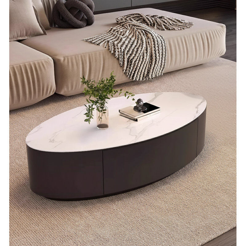 Modern 47" Oval Coffee Table With Storage, White Faux Marble Top & Black Metal Base, White