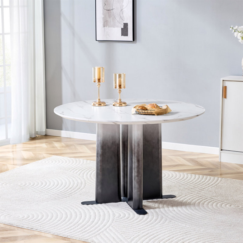 Table de salle à manger ronde en MDF à motif de marbre blanc, pieds dégradés noirs et blancs avec base en croix, table de cuisine compacte pour 2 à 4 personnes pour les petits espaces