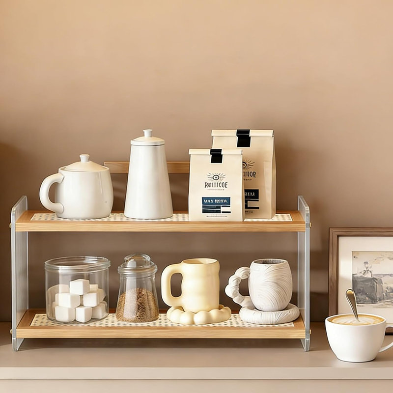 2 Tier Wood and Acrylic Counter Organizer Shelf, Coffee Mug Storage Rack