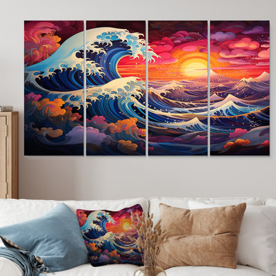 Japanese Sunset Waves Of Kanagawa VII - Japan Art 4 Piece Wall Art For Living Room