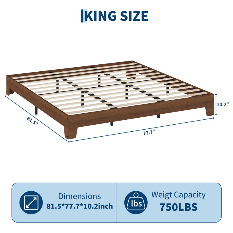Cadre de lit plateforme en bois de format California King, profil bas, avec lattes en bois silencieuses, Brun grand lit