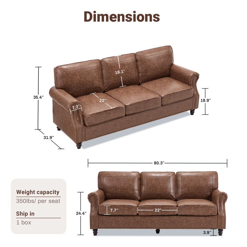 Amarius 80" Wide Rolled Arm Sofa, Marron foncé