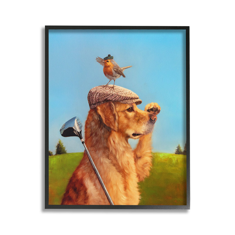 Oiseau et chien jouant au golf, estampe numérique par Lucia Heffernan, H 30 po x l 24 po, Estampe numérique Farmhouse
