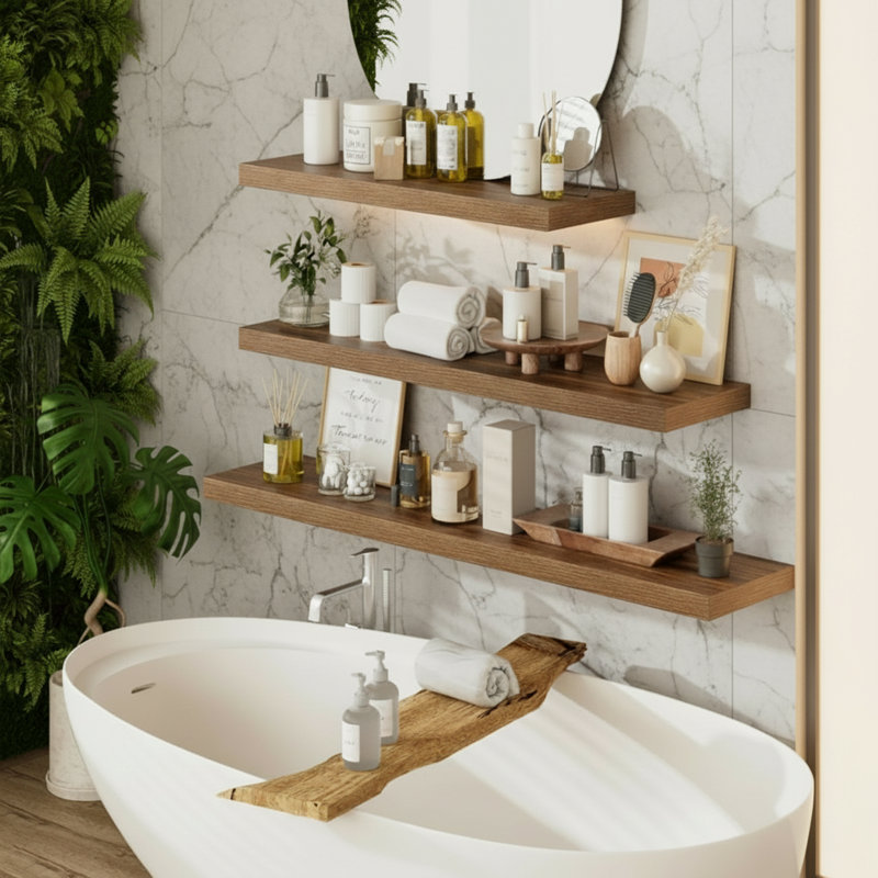 Walnut Wood Wall-Mounted Shelves (Two-Piece Set), Suitable For Bedrooms/Living Rooms, Serving As Both Book Storage And Decoration.