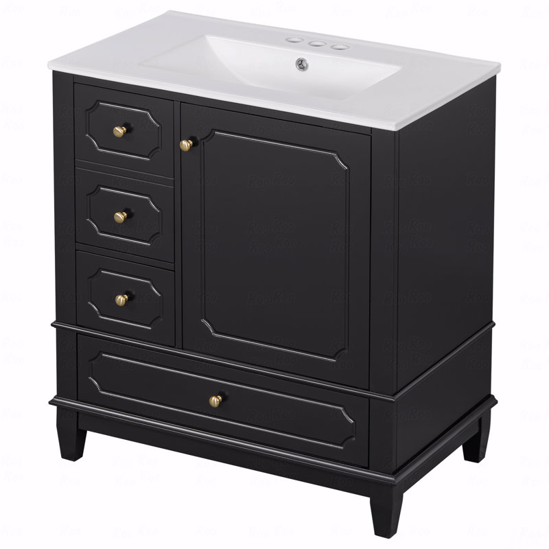 Meuble-lavabo 30 po avec lavabo, meuble-lavabo autoportant noir avec lavabo en céramique, structure en bois massif, porte à fermeture en douceur, 3 tiroirs