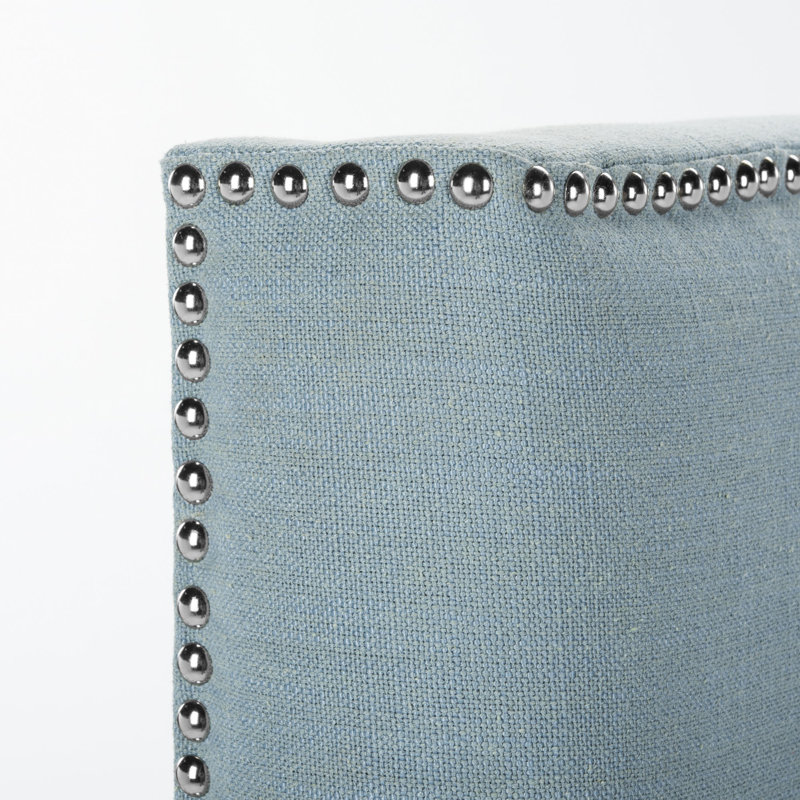 Laken Upholstered Headboard, King, Sky Blue Polyester Blend, Silver