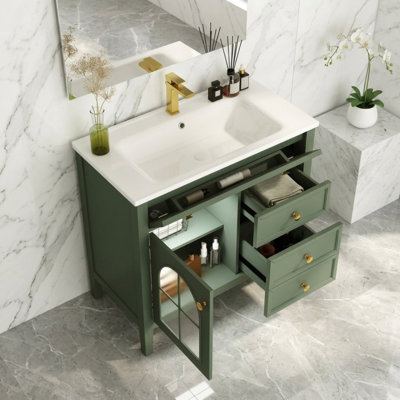 Mid‑Century Farmhouse Green Bathroom Vanity Cabinet, 35.7‑Inch Freestanding Vanity with Motion‑Sensor Light, Patterned Glass and Storage Drawers