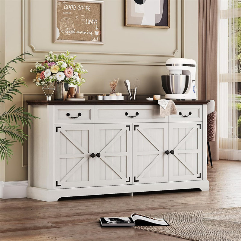 65" White Modern Sideboard Buffet, Credenza With Storage Cabinets Wine Bar Storage Cabinet For Kitchen