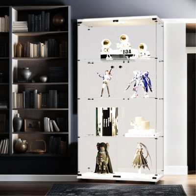 Grande armoire en verre blanc avec lumières et 4 tablettes, 12 réglages de couleur, H 63,07 po x l 31,32 po l l 13,97 po, verre trempé de 5 mm, pieds en bois massif solide, éclairage à 4 tablettes, options par télécommande, couvercle