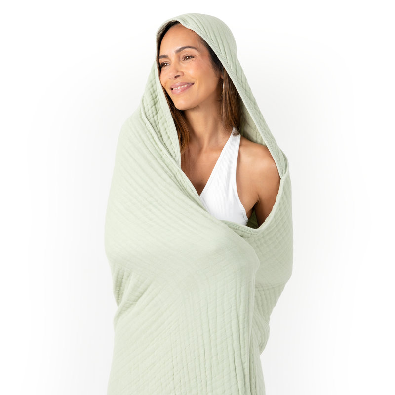 Comfy Cubs Adult Hooded Towel, Large Muslin Cotton Durable and Dual Function Wearable Blanket and Absorbent, Sage