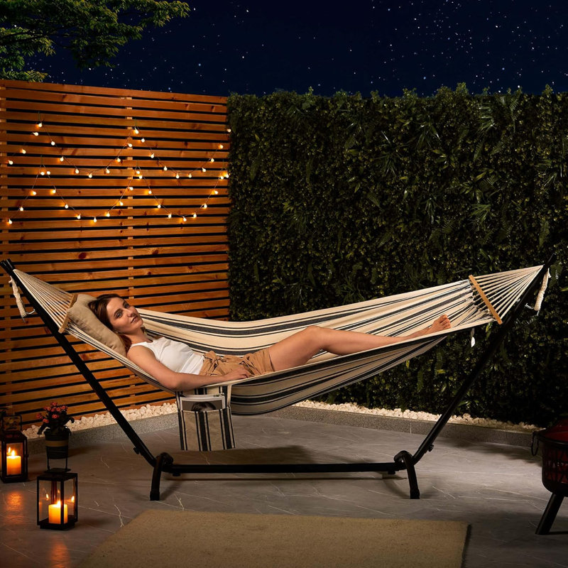 Hammock with Stand ,1 Person Striped Hammock Seat with Steel Frame, Grey/Beige
