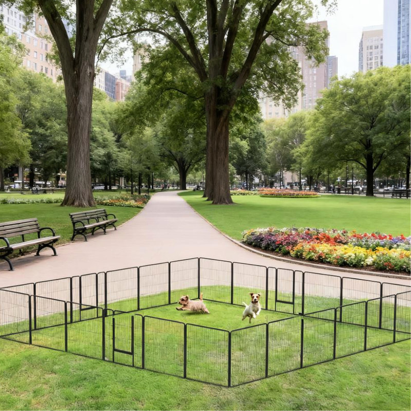 Parc pour chien, 24 panneaux, porte verrouillable, utilisation intérieure / extérieure, acier gris, piquets de sol et clôture de porte sécurisée, petits chiens moyens personnalisables, portes à trois étages