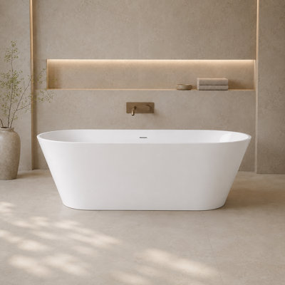 63 in. L x 29.5 in. W Glossy White Freestanding Multi-Layer Acrylic Deep Soaking Bathtub with Center Drain and Overflow