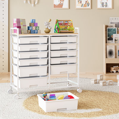 12-Drawer Rolling Utility Cart with Wooden Top, Mobile Craft Storage & Art Supply Organizer, Rolling Cart for Home Office, Classroom Storage with Wheels