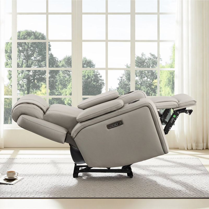 Genuine Leather Triple Motor Power Recliner with Power Headrest and power lumbar, Light Gray Top Grain Leather