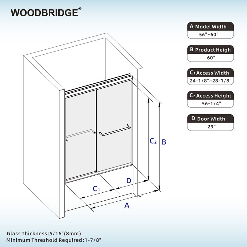 WOODBRIDGE Double Sliding Tub Door 56-60" Width x 60"Height with 5/16"(8mm) Clear Tempered Glass, Brushed Gold
