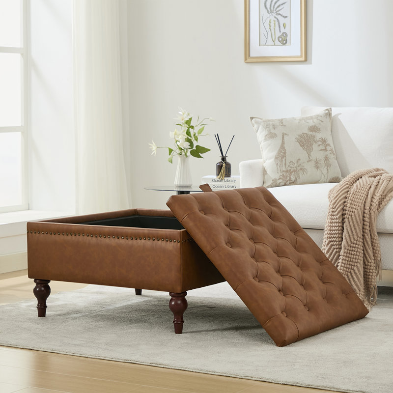 Upholstered Square Tufted Storage Ottoman With Flip-top Design, Brown