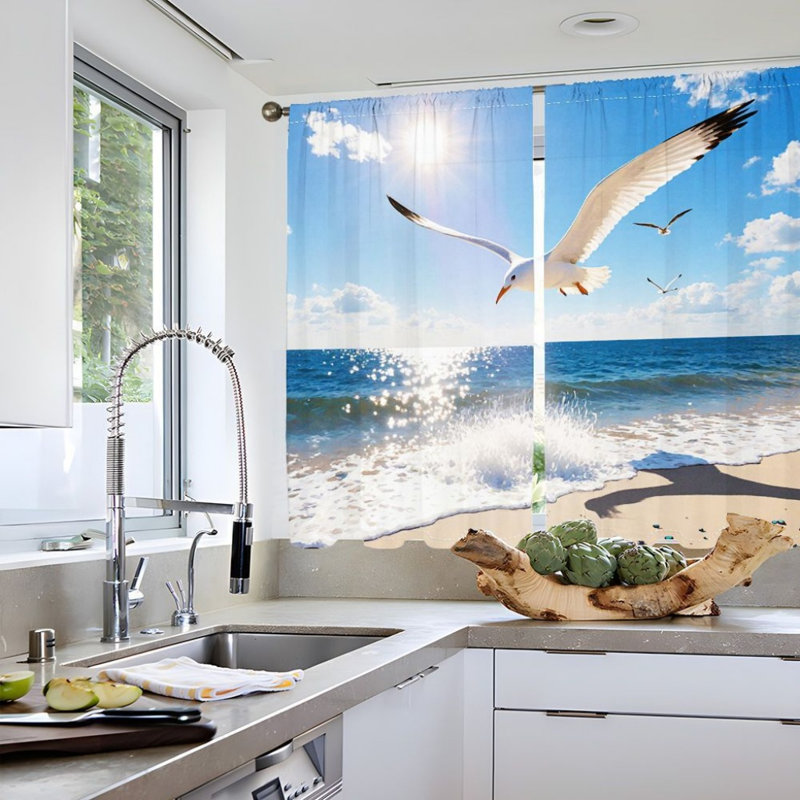 2 panneaux de rideau filtrant la lumière de la plage de la Mouette Ocean Wave, L 30 po x H 66 po x 2 pièces