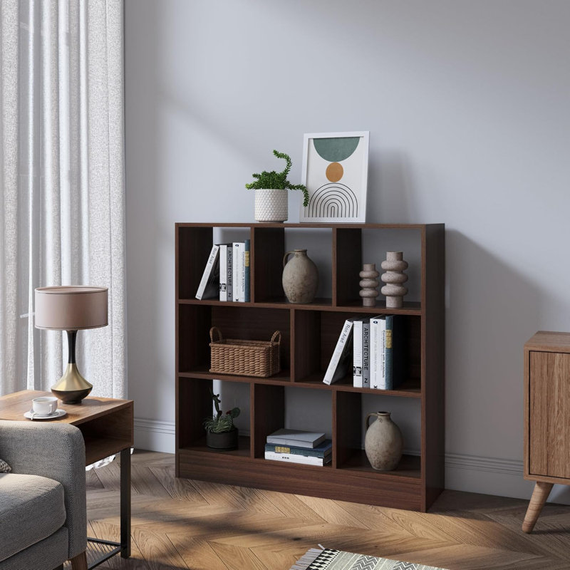Ebern Designs Bookcase, 8 Cube Open Storage Organizer Display Bookshelf, Walnut, 39.4"H x 39.4"W x 11"D