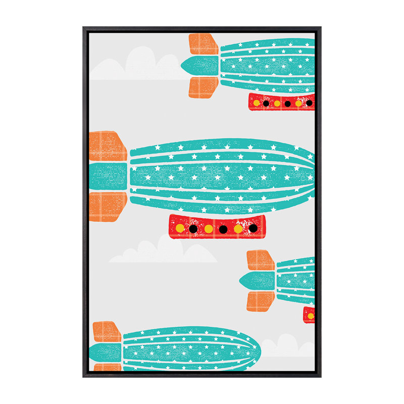 In the Air Zeppelins - impression d'art graphique, Toile avec cadre noir patiné, H 60 po x l 40po x P 1,5 po, Pas de tapis