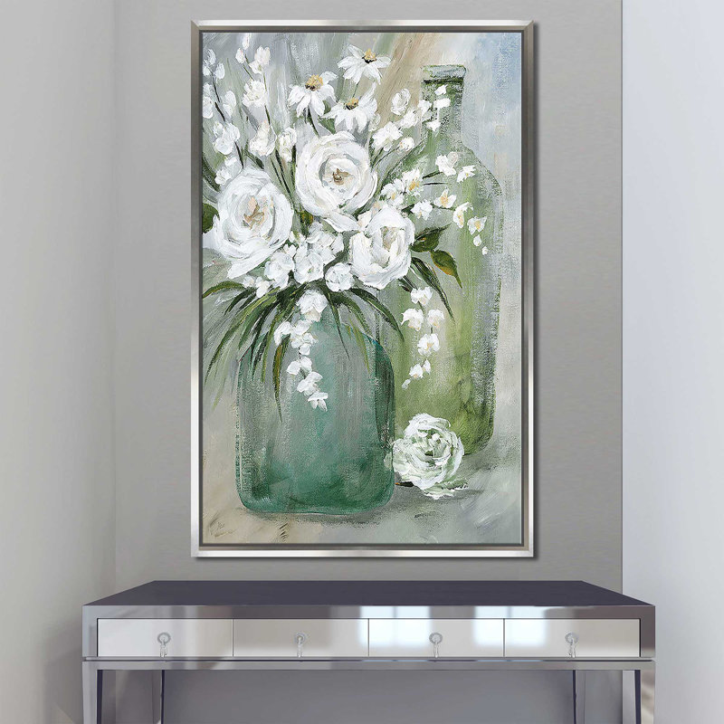 «Rosey Af après-midi» par Nan - Peinture, Cadre flottant argent, H 43,5 po x l 27,5 po x P 2 po