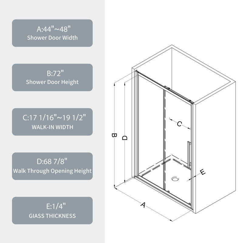 Chrome 44-48"W x 72"H Sliding Shower Door with Tempered Glass