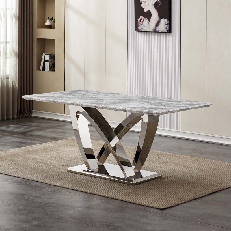 Table de salle à manger en faux marbre avec base en acier inoxydable, pour 6 personnes, Gris, Argent argent