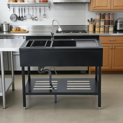 304 Stainless Steel 47.5×24×38.9inch Double Bowl Utility Sink with Pull-Out Faucet – Freestanding Commercial Wash Station with Integrated   & Open Shelf – Rust-Resistant for Garage. Kitchen & Laundry
