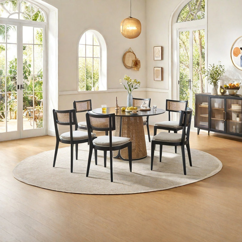 Solid wood ash rattan dining table set, 29.92"H x 47.24"L x 47.24"W