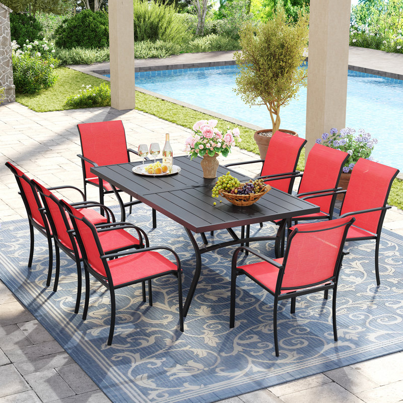 Ensemble repas pour 8 personnes avec chaises empilables PVC-coated polyester, Noir / Rouge