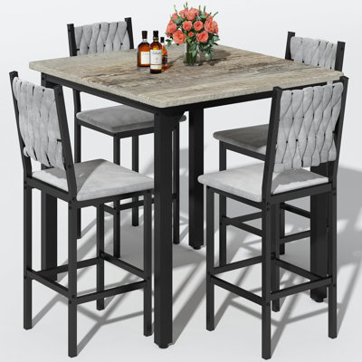 Table et chaises de salle à manger 5 pièces, 1 table à hauteur de comptoir et 4 tabourets de bar, ensemble de meubles de cuisine moderne, équipé de chaises rembourrées, table de salle à manger compacte avec une texture semblable au marbre, convient aux meubles de salon, de bar et de cuisine