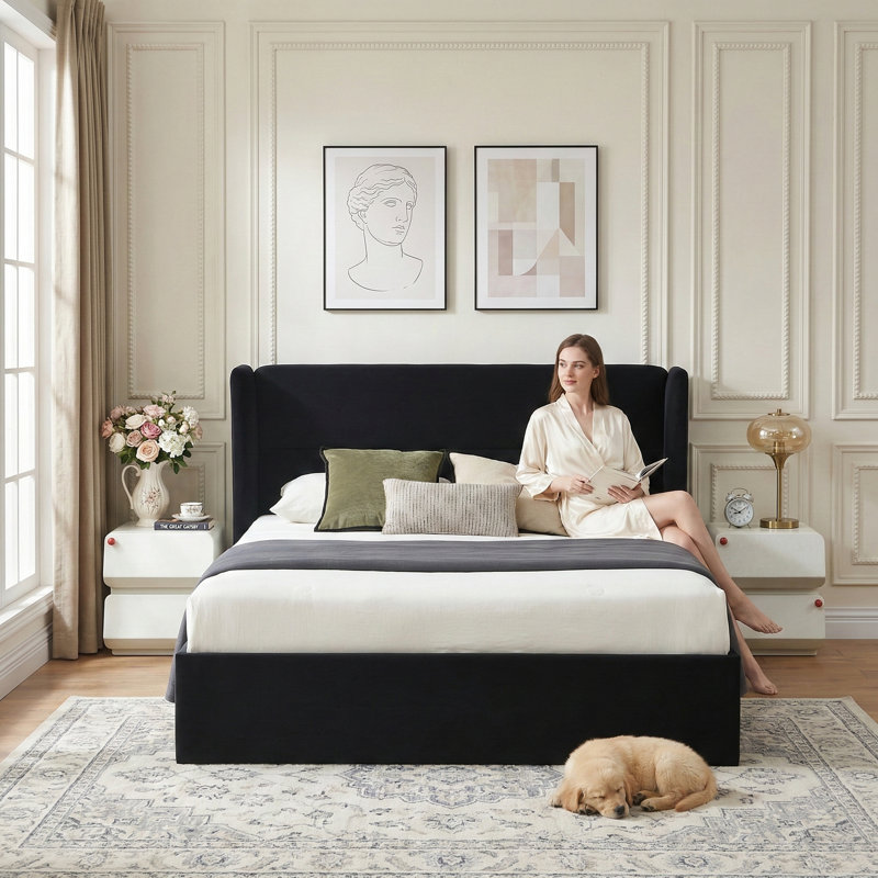 Lit plateforme tapissier avec rangement Gaillarde, Grand, Noir