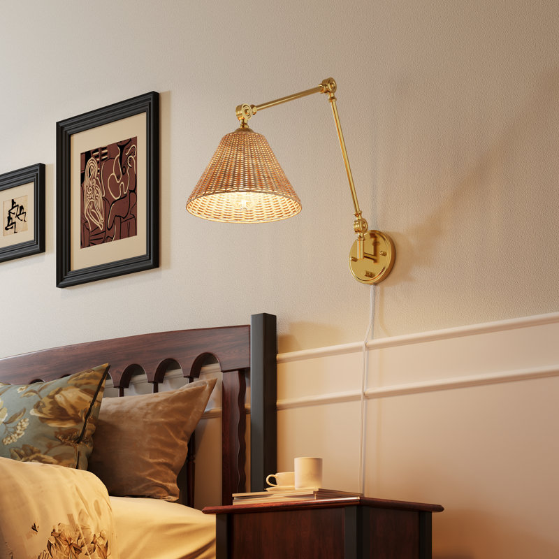 Boho Rattan Plug-In Swing Arm Wall Sconce, Gold & Rattan