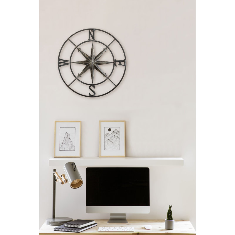 Round Metal Compass Wall Décor Distressed, Antique Gray, 30.0"H x 30" W x 2.0"D