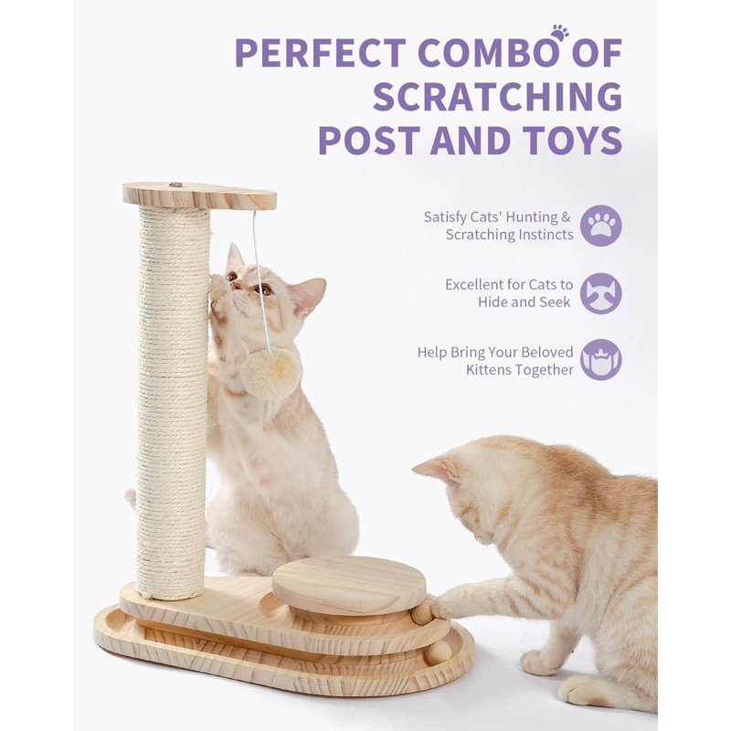 Cat Scratching Post Cat Scratcher Kitten Toys For Indoor Cats Wooden Ball Track Two-Layer Modern Sisal 17.7" Tall Scratch Post Interactive Toy With Dangling Ball
