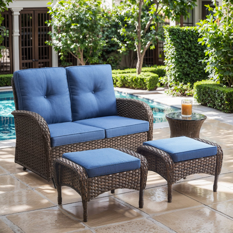 Causeuse de patio en osier avec repose-pieds 50 po Aluel, Bleu, Brun