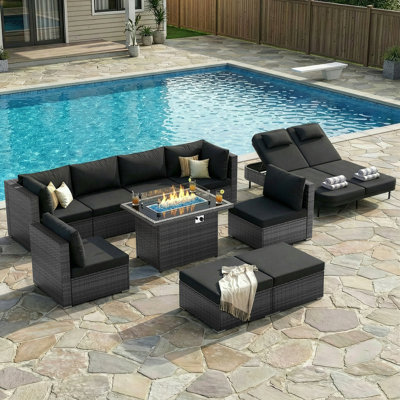 10-piece Outdoor Wicker Sectional Furniture Conversation Set With 60,000 Btu Fire Pit And Double Chaise Lounge