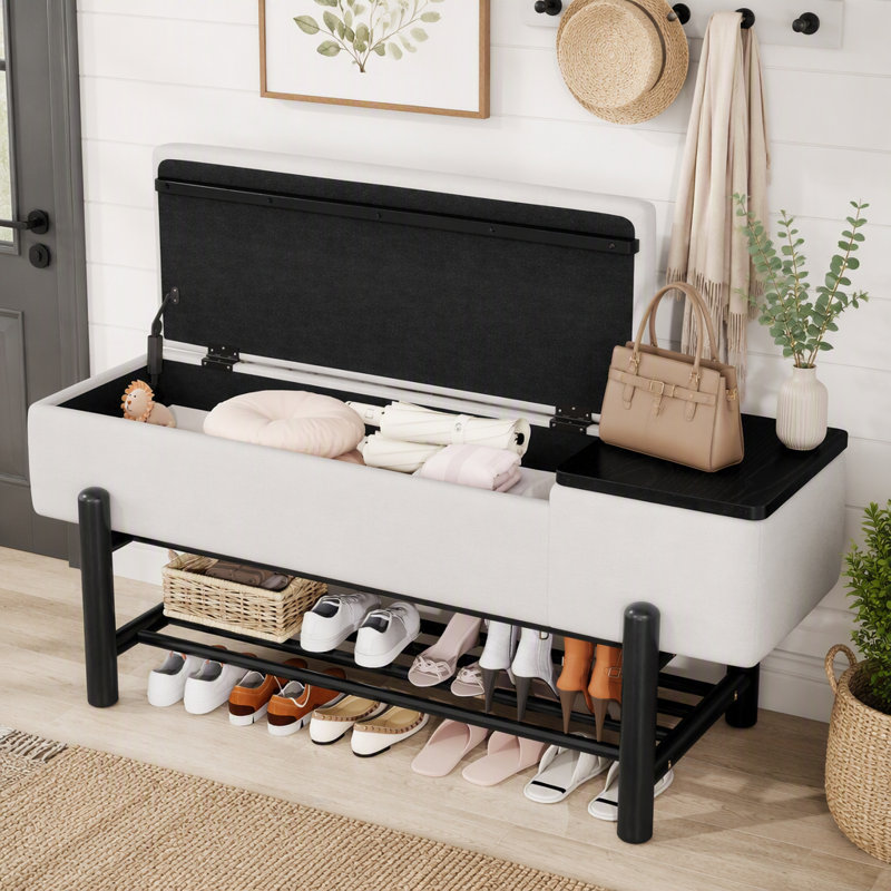 Banc de rangement rembourré moderne, banc d'entrée de ferme avec compartiment caché, pieds en bois d'hévéa et rangement double pour la chambre à coucher du couloir