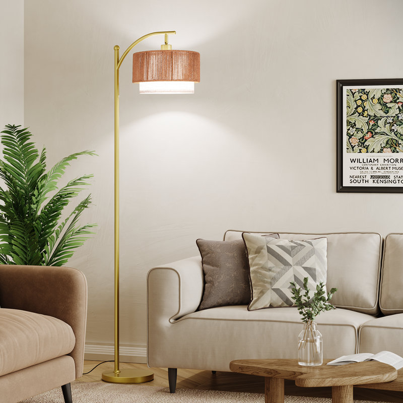 62.8“ Rattan & Linen Double Lampshade Arc Floor Lamp, Gold