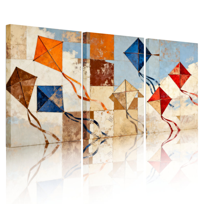 Ensemble de 3 toiles abstraites représentant des cerfs-volants géométriques, H 18 po x l 36 po