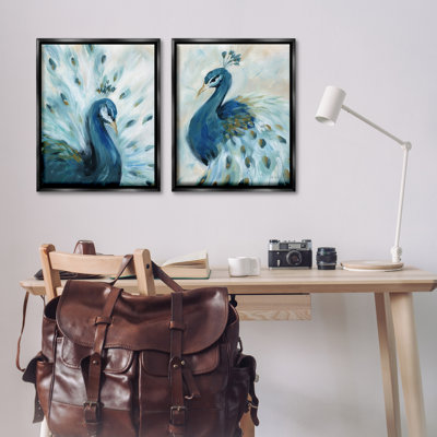 Gentle Pretty Peacocks 2 PC Framed Floater Canvas Set by Yvette St. Amant