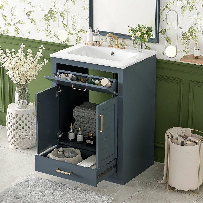 Meuble-lavabo bleu 24 po avec lavabo intégré en céramique, 2 portes et tiroir coulissant pour les petites et moyennes salles de bain