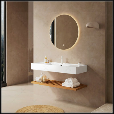 Wall-Mounted Floating Bathroom Vanity With Vessel Sink, Dark Walnut Woodgrain, Striped Shelves, And Acrylic Basin