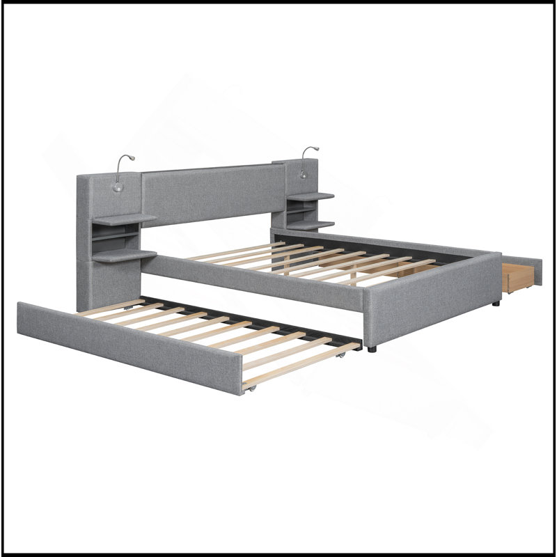Lit plateforme tapissier avec lampes de lecture, tiroirs, lit gigogne et tablettes, Gris