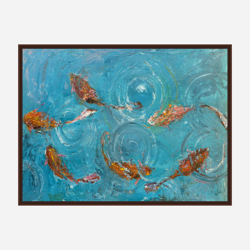 Koi Pond - Reproduction d'art sur toile, H 20 po x l 24 po x P 1,5 po, Toile avec cadre brun