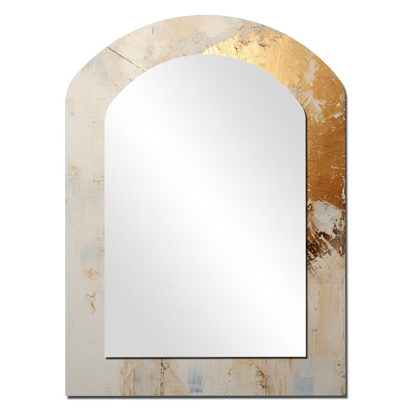 Or et peinture beige Fusion I - peinture abstraite arche, miroir mural unique, grand miroir asymétrique beige, impression d'art en métal