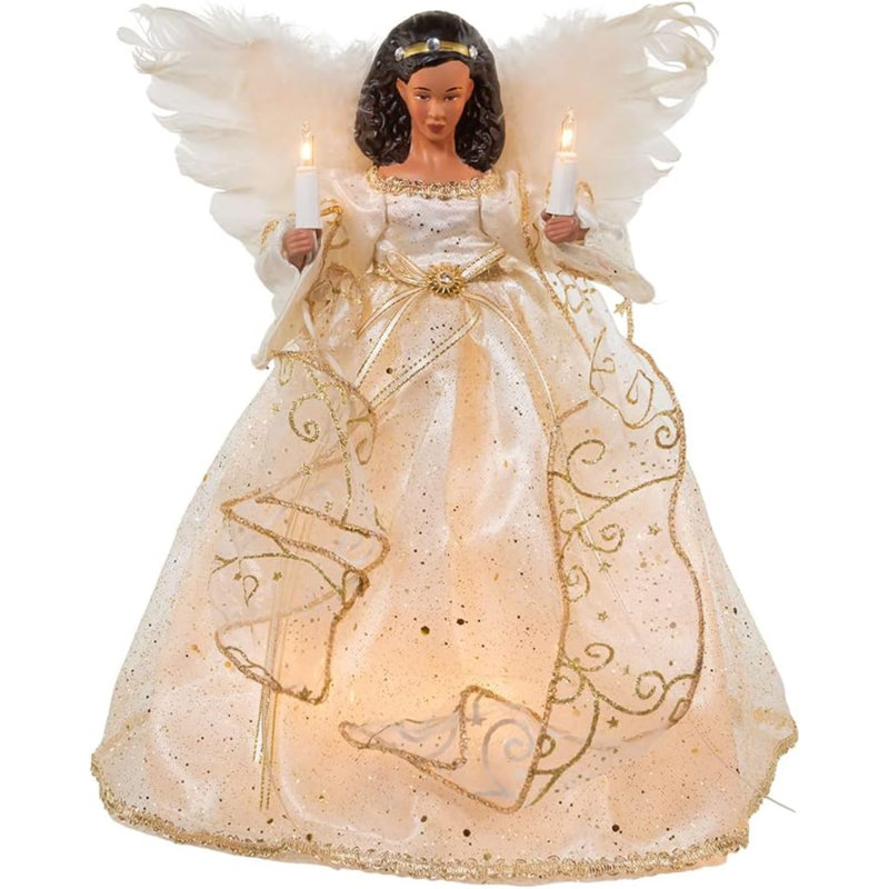 Kurt Adler Lighted Christmas Tree Treetop, 10-Lights, African American Angel, Ivory & Gold, 12in